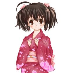 Rule 34 | 1girl, black hair, brown eyes, japanese clothes, kimono, long hair, macla, red kimono, solo, to heart (series), to heart 2, twintails, yukata, yuzuhara konomi
