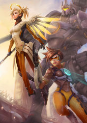 Rule 34 | 1boy, 2girls, armor, bad leg, blonde hair, blue eyes, blue sky, bodysuit, bomber jacket, boots, breasts, brown eyes, brown hair, brown legwear, cheering, cheesewoo, chest harness, cowboy shot, crowd, dual wielding, faulds, foreshortening, full armor, giant, gloves, glowing, glowing wings, goggles, gun, hair tie, halo, hand on own hip, handgun, harness, high ponytail, highres, holding, holding staff, jacket, knee boots, leg up, light, lips, looking afar, looking at viewer, mechanical halo, mechanical wings, medium breasts, mercy (overwatch), multiple girls, nose, open mouth, orange bodysuit, outdoors, overwatch, overwatch 1, pantyhose, pelvic curtain, petals, pistol, railing, reinhardt (overwatch), revision, short hair, sky, smile, spiked hair, spread wings, staff, tracer (overwatch), weapon, wings, yellow sky, yellow wings