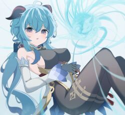 Rule 34 | 1girl, ahoge, bare shoulders, black bodysuit, black gloves, blue hair, bodysuit, bow, breasts, cowbell, detached sleeves, feet out of frame, from side, ganyu (genshin impact), genshin impact, gloves, hair between eyes, hair bow, horns, knees up, large breasts, leaning back, light blush, long hair, long sleeves, looking at viewer, low ponytail, neck bell, open mouth, purple eyes, qorwja, sideboob, sidelocks, sleeveless, sleeveless bodysuit, solo, white sleeves