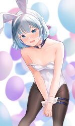 Rule 34 | 1girl, absurdres, amatsuka uto, animal ears, balloon, bare shoulders, black pantyhose, blue eyes, blue hair, blurry, blush, breasts, commentary, depth of field, fake animal ears, feet out of frame, heart o-ring, highres, indie virtual youtuber, leotard, looking at viewer, medium hair, nuebunny, open mouth, own hands together, pantyhose, playboy bunny, rabbit ears, small breasts, solo, strapless, strapless leotard, virtual youtuber, white leotard, wrist cuffs