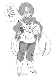 Rule 34 | 1girl, boots, breasts, cape, commentary, dragon ball, dragonball z, english commentary, english text, frown, full body, funsexydb, gloves, great saiyaman 2, greyscale, hand on own hip, unworn headwear, helmet, unworn helmet, highres, holding, holding helmet, low twintails, medium breasts, monochrome, solo, sweatdrop, thought bubble, twintails, videl