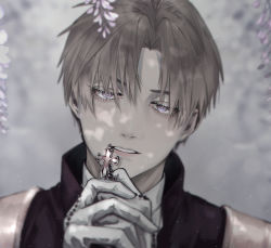 Rule 34 | 1boy, absurdres, blurry, brown hair, cross, depth of field, eyelashes, flower, gloves, grey background, grey hair, half-closed eyes, heshikiri hasebe, highres, holding, interlocked fingers, light particles, looking afar, male focus, nature, own hands together, parted bangs, parted lips, portrait, praying, purple eyes, r a y0, rosary, short hair, solo, touken ranbu, white gloves, wisteria