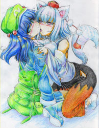 Rule 34 | 2girls, animal ears, backpack, bad id, bad pixiv id, bag, bare shoulders, blue eyes, blue hair, blush, colored pencil (medium), detached sleeves, embarrassed, female focus, hat, highres, inubashiri momiji, kawashiro nitori, kiss, kitazinger, licking, looking back, multiple girls, randoseru, red eyes, short hair, silver hair, sitting, tail, tokin hat, tongue, tongue out, touhou, traditional media, twintails, two side up, wolf ears, wolf tail, yuri