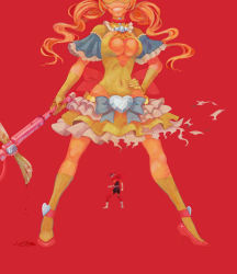 Rule 34 | 10s, 1boy, 1girl, blood, blood splatter, breasts, cleavage, cleavage cutout, clothing cutout, costume, flamenco girl, hazama masayoshi, head out of frame, heart, heart cutout, jean (jean sp), large breasts, magical girl, maya mari, samurai flamenco, samurai flamenco (character)