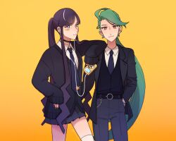 Rule 34 | 2girls, ahoge, alternate hairstyle, androgynous, black choker, black hair, black nails, blue eyes, blue necktie, blunt bangs, bright pupils, cardigan, choker, closed mouth, collared shirt, creatures (company), digital media player, earphones, earrings, elesa (pokemon), game freak, green hair, highres, holding, ipod, jacket, jewelry, long hair, looking at viewer, multicolored hair, multiple girls, necktie, nintendo, open clothes, open jacket, pants, pleated skirt, pokemon, pokemon bw2, pokemon sv, ponytail, red eyes, rika (pokemon), shirt, sidelocks, skirt, smile, streaked hair, submashell, thighhighs, very long hair, very long sleeves, vest, white hair, white pupils, white thighhighs, yellow background