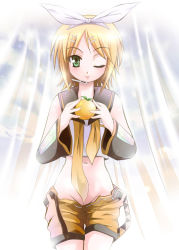Rule 34 | 1girl, :p, bad id, bad pixiv id, blonde hair, food, fruit, green eyes, groin, holding, holding food, holding fruit, kagamine rin, midriff, one eye closed, open fly, orange (fruit), shiroi noria, shorts, solo, tongue, tongue out, unzipped, vocaloid, wink