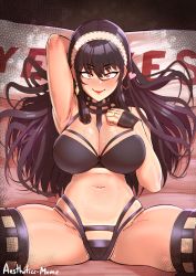 Rule 34 | 1girl, absurdres, aestheticc-meme, arm behind head, arm up, armpits, artist name, bare shoulders, between breasts, black bra, black gloves, black hair, black panties, black thighhighs, blush, bra, breasts, cleavage, earrings, engagement ring, gloves, gold earrings, hairband, half gloves, heart, highres, jewelry, large breasts, lingerie, long hair, looking at viewer, lying, navel, non-web source, nose blush, on back, on bed, panties, red eyes, red lips, ring, signature, skindentation, smile, solo, spread legs, spy x family, stomach, sweat, thick thighs, thighhighs, thighs, underwear, very long hair, white hairband, yor briar