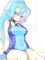 Rule 34 | 00s, 1girl, arm support, bare shoulders, blue eyes, blue hair, blush, clair (pokemon), creatures (company), earrings, game freak, gloves, gym leader, high ponytail, jewelry, leotard, long hair, matching hair/eyes, mo-mo, nintendo, pokemon, pokemon hgss, solo, unitard