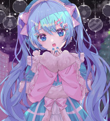 Rule 34 | 1girl, :o, blue capelet, blue dress, blue hair, blue nails, bow, capelet, chibana sora, dress, floating hair, fur-trimmed capelet, fur trim, hair between eyes, hair bow, hair ornament, hairclip, hatsune miku, highres, long hair, long sleeves, looking at viewer, nail polish, pink bow, pink sleeves, solo, standing, striped, striped bow, twintails, very long hair, vocaloid, x hair ornament