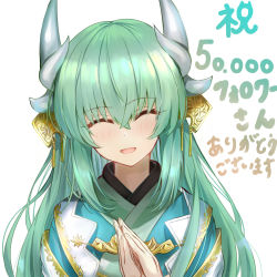 Rule 34 | 1girl, blush, breasts, closed eyes, dragon girl, dragon horns, fate/grand order, fate (series), green hair, highres, horns, japanese clothes, kimono, kiyohime (fate), long hair, long sleeves, medium breasts, multiple horns, neko daruma, open mouth, smile, solo, translation request, wide sleeves