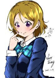 Rule 34 | 1girl, artist name, artist request, blue bow, blue cardigan, blue jacket, blush, bow, bowtie, breasts, brown hair, cardigan, collared shirt, female focus, hair between eyes, highres, jacket, koizumi hanayo, long sleeves, looking at viewer, love live!, love live! school idol project, medium breasts, nail polish, nails, otonokizaka school uniform, parted lips, purple eyes, purple nails, school uniform, shira sh1ra, shiralog, shiralog (shirashira), shirt, short hair, solo, striped, striped bow, upper body, white background, white shirt