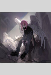 Rule 34 | 1boy, absurdres, black cloak, black footwear, boots, cloak, commentary request, feathered wings, full body, grey background, grey jacket, grey pants, hatsutori hajime, highres, jacket, long hair, long sleeves, looking at viewer, male focus, on rock, open mouth, pants, pink hair, red eyes, ruins, saibou shinkyoku, sitting, solo, statue, torn clothes, uneven eyes, white wings, wings, yulei yuuuuu