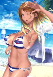 Rule 34 | 1girl, anchor, armpits, bikini, black eyes, blonde hair, blush, bottle, breasts, brown hair, cleavage, cloud, covered erect nipples, day, gradient hair, homu (seven deadly sins), idolmaster, idolmaster shiny colors, izumi mei, large breasts, long hair, looking at viewer, multicolored hair, navel, ocean, one eye closed, open mouth, sky, smile, solo, strap gap, striped bikini, striped clothes, swimsuit, tan, tanline