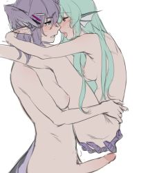 Rule 34 | 2girls, ahoge, asymmetrical arms, blue eyes, blush, braid, breasts, carrying, carrying person, dragon girl, dragon tail, erection, eye contact, finana ryugu, fins, fish girl, futa with female, futanari, green hair, hair ornament, hairclip, head fins, head wings, highres, long hair, looking at another, medium breasts, medium hair, multiple girls, navel, nijisanji, nijisanji en, nipples, penis, pointy ears, purple eyes, purple hair, purple wings, selen tatsuki, small breasts, standing, suspended congress, tadanoinuinu, tail, tongue, tongue out, twin braids, uncensored, virtual youtuber, wings
