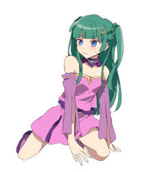 Rule 34 | 1girl, bare shoulders, blue eyes, blunt bangs, blush, breasts, closed mouth, detached collar, detached sleeves, dress, full body, green hair, highres, idol clothes, long hair, looking to the side, nojima minami, pretty series, pripara, purple dress, purple footwear, purple sleeves, simple background, sitting, small breasts, solo, strapless, strapless dress, sweatdrop, tsukikawa chili, two side up, white background