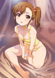 Rule 34 | 1girl, asymmetrical legwear, bare shoulders, barefoot, breasts, brown eyes, brown hair, camisole, choker, cleavage, downblouse, feet, futami mami, gradient background, hair bobbles, hair ornament, idolmaster, idolmaster (classic), indian style, inoue sora, leaning forward, loose clothes, neck ribbon, panties, parted lips, revision, ribbon, side ponytail, sitting, small breasts, socks, solo, striped clothes, striped panties, twitter username, underwear, uneven legwear
