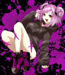 Rule 34 | 1girl, black hoodie, breasts, brown eyes, commentary, double bun, hair bun, highres, hood, hoodie, ito ryoujitsu, looking at viewer, macross, macross delta, macross delta: zettai live!!!!!!, medium breasts, nail polish, pink nails, purple background, purple footwear, purple hair, short hair, smile, solo, symbol-only commentary, tongue, tongue out, yami makina