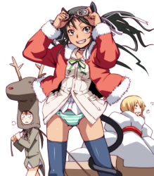 Rule 34 | 3girls, :3, animal ears, bag, black hair, blonde hair, blue thighhighs, bow, brown hair, cat ears, cat tail, child, choker, costume, deer, dress shirt, erica hartmann, francesca lucchini, gertrud barkhorn, goggles, green eyes, green panties, grin, hair ribbon, jacket, long hair, looking at viewer, multiple girls, no pants, panties, ribbon, santa costume, shirt, short hair, sleigh, smile, standing, strike witches, striped clothes, striped panties, tabigarasu, tail, thighhighs, twintails, underwear, world witches series
