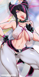 Rule 34 | 1girl, bare shoulders, bayeuxman, black gloves, black hair, breasts, candy, collarbone, crop top, fingerless gloves, food, gloves, gluteal fold, grey leggings, hair over one eye, han juri, hand on own hip, highres, large areolae, large breasts, large nipples, leggings, lollipop, looking at viewer, multicolored background, multicolored hair, nail polish, navel, nipples, open mouth, pink eyes, pink hair, see-through, short twintails, solo, standing, standing on one leg, street fighter, street fighter 6, teeth, tongue, tongue out, twintails, two-tone hair, upper teeth only