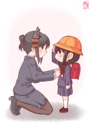 Rule 34 | 10s, 2016, 2girls, adjusting another&#039;s clothes, adjusting clothes, age difference, aged down, ahoge, alternate costume, alternate hairstyle, apron, artist name, backpack, bag, black footwear, black hair, black legwear, braid, breasts, commentary request, dated, folded ponytail, formal, hair ornament, hair over shoulder, hat, headgear, helmet, highres, kanon (kurogane knights), kantai collection, large breasts, long sleeves, multiple girls, pantyhose, pencil skirt, randoseru, red eyes, salute, school hat, school uniform, shigure (kancolle), shoes, short hair, simple background, single braid, skirt, skirt suit, smile, suit, thighhighs, watermark, white background, white legwear, yamashiro (kancolle)