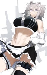 Rule 34 | 1girl, abs, absurdres, animal ears, asymmetrical legwear, bare shoulders, breasts, bridal garter, clothes lift, elbow gloves, frills, gloves, grey eyes, gun, highres, hololive, large breasts, leg holster, lion ears, lion girl, lion tail, looking at viewer, maid, maid headdress, midriff, panties, shishiro botan, single thighhigh, skirt, skirt lift, smile, smug, solo, tail, thighhighs, thighs, underwear, usagits 00, virtual youtuber, weapon, white background, white panties