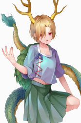 Rule 34 | 1girl, absurdres, antlers, blonde hair, blue shirt, dragon horns, dragon tail, green skirt, highres, horns, kicchou yachie, koizumo, open mouth, pleated skirt, red eyes, shirt, short hair, short sleeves, simple background, skirt, solo, tail, touhou, turtle shell, white background, yellow horns