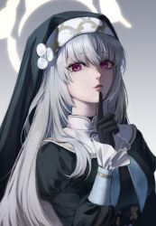 Rule 34 | 1girl, absurdres, black gloves, blue archive, blue neckerchief, coif, crossed bangs, finger to mouth, frilled sleeves, frills, gloves, grey background, grey hair, habit, hair between eyes, halo, hat ornament, highres, juliet sleeves, long hair, long sleeves, looking at viewer, neckerchief, nun, parted lips, puffy sleeves, purple eyes, sakurako (blue archive), shushing, simple background, solo, upper body, wakari