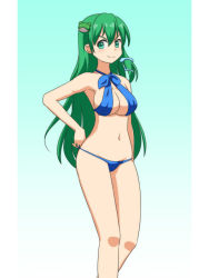 Rule 34 | 1girl, bikini, blue bikini, breasts, cato (monocatienus), commentary, criss-cross halter, doyagao, frog hair ornament, gradient background, green background, green eyes, green hair, hair between eyes, hair ornament, halterneck, hand on own hip, kochiya sanae, large breasts, long hair, looking at viewer, navel, simple background, smile, smug, snake hair ornament, solo, swimsuit, touhou, v-shaped eyebrows, very long hair