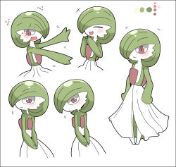 Rule 34 | 1girl, :3, arms behind back, arms up, black border, blush, border, closed eyes, closed mouth, color guide, colored skin, creatures (company), embarrassed, female focus, flying sweatdrops, from behind, full body, game freak, gardevoir, gen 3 pokemon, green hair, green skin, hair over one eye, hands on own hips, hands together, hands up, happy, highres, looking at viewer, multicolored skin, multiple views, nintendo, open mouth, outstretched arms, pokemon, pokemon (creature), short hair, simple background, smile, standing, sweat, tazonotanbo, two-tone skin, upper body, white background, white skin