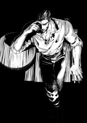 Rule 34 | 1boy, absurdres, beard, closed eyes, cross, cross necklace, crossed legs, dracule mihawk, facial hair, frilled shirt collar, frills, from above, full body, greyscale, hair slicked back, hand on own face, highres, jewelry, leaning on table, male focus, mature male, monochrome, mustache, necklace, nok (nok 1), one piece, pants, pectoral cleavage, pectorals, short hair, sitting, solo