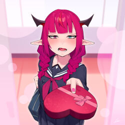 Rule 34 | 1girl, angry, bag, black shirt, black skirt, braid, commentary, dasdokter, demon horns, english commentary, frown, green eyes, heterochromia, highres, hololive, hololive english, horns, incoming gift, irys (gaming casual) (hololive), irys (hololive), long hair, long sleeves, open mouth, pink eyes, pink hair, pleated skirt, pointy ears, reaching, reaching towards viewer, round eyewear, school bag, shirt, skirt, solo, teeth, tongue, twin braids, valentine, virtual youtuber