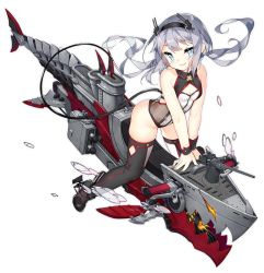 Rule 34 | 1girl, ;d, arm support, azur lane, bare shoulders, black footwear, black hairband, black thighhighs, blue eyes, boots, breasts, cleavage, closed mouth, fingernails, grey hair, hair ornament, hairband, long hair, looking at viewer, official art, one-piece swimsuit, one eye closed, open mouth, parted lips, saru, small breasts, smile, swimsuit, tail, thigh boots, thighhighs, translation request, transparent background, twintails, u-522 (azur lane), v-shaped eyebrows, very long hair, white one-piece swimsuit, wrist cuffs
