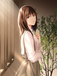 Rule 34 | 1girl, beige skirt, brown eyes, brown hair, hands on own chest, highres, long sleeves, looking at viewer, medium hair, nayuta69, original, overall skirt, parted lips, shirt, solo, upper body, white shirt
