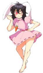 Rule 34 | 1girl, animal ears, bare legs, barefoot, black hair, blush stickers, carrot, carrot necklace, dress, floppy ears, frilled dress, frilled sleeves, frills, hand on own hip, highres, inaba tewi, inkerton-kun, jewelry, looking at viewer, necklace, one eye closed, pendant, pink dress, puffy short sleeves, puffy sleeves, rabbit, rabbit ears, rabbit girl, rabbit tail, red eyes, ribbon-trimmed dress, short hair, short sleeves, solo, tail, touhou, wavy hair, white background