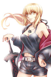 Rule 34 | 1girl, artoria pendragon (all), artoria pendragon (fate), belt, blonde hair, breasts, cowboy shot, excalibur morgan (fate), fate/grand order, fate (series), hand on own hip, highres, jacket, jewelry, long hair, looking at viewer, medium breasts, official alternate costume, open clothes, open jacket, pendant, saber alter, saber alter (ver. shinjuku 1999) (fate), shorts, smile, solo, standing, tank top, white background, yellow eyes, yukigumo
