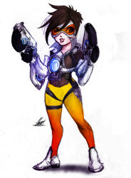 Rule 34 | 1girl, absurdres, armor, blizzard (company), bodysuit, cyberpunk, formal, gun, highres, huge filesize, legs, non-web source, open clothes, overwatch, overwatch 1, scan, solo, suit, technology, tracer (overwatch), weapon