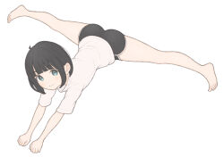 1girl 1ssakawaguchi ass barefoot black_shorts blunt_bangs bob_cut brown_hair closed_mouth commentary_request full_body grey_eyes highres ichika_(1ssakawaguchi) looking_at_viewer lying on_stomach original shirt short_hair short_shorts shorts simple_background smile solo split stretching t-shirt thighs white_background