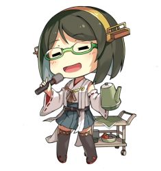 Rule 34 | 10s, 1girl, black hair, closed eyes, glasses, hairband, japanese clothes, kantai collection, kirishima (kancolle), lino-lin, lowres, microphone, no legwear, nontraditional miko, open mouth, short hair, skirt, smile, solo, teapot, thighhighs