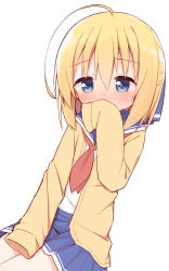 Rule 34 | 1girl, ahoge, ayanepuna, blonde hair, blue eyes, blue sailor collar, blue skirt, blush, brown cardigan, cardigan, covered mouth, hair between eyes, hand up, highres, long sleeves, neckerchief, nose blush, open cardigan, open clothes, original, pleated skirt, red neckerchief, sailor collar, school uniform, serafuku, shirt, simple background, skirt, sleeves past wrists, solo, sweat, white background, white shirt, yuki (ayanepuna)