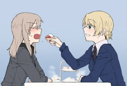 Rule 34 | 2girls, black neckwear, blonde hair, blue background, blue eyes, blue sweater, blurry, blush, braid, commentary, cup, darjeeling (girls und panzer), dress shirt, elbow rest, eyes visible through hair, feeding, flying sweatdrops, food, frown, girls und panzer, grey shirt, holding, holding food, itsumi erika, kuromorimine school uniform, leaning forward, long sleeves, looking at another, medium hair, multiple girls, necktie, open mouth, parted lips, saucer, school uniform, shirt, short hair, silver hair, simple background, sitting, smile, st. gloriana&#039;s school uniform, steam, sweatdrop, sweater, table, teacup, tiered tray, torinone, v-neck, white shirt, wing collar