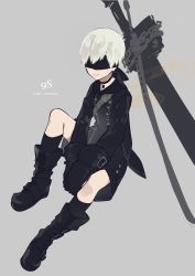 Rule 34 | 1boy, absurdres, black footwear, black gloves, black socks, blindfold, boots, buttons, chain, character name, closed mouth, double-breasted, full body, gloves, grey background, highres, knee boots, kneehighs, long sleeves, male focus, mochizuki kei, nier:automata, nier (series), short hair, simple background, sitting, socks, solo, spread legs, sword, weapon, white hair, yamada kei, 9s (nier:automata)
