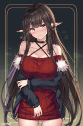 Rule 34 | 1girl, artist name, bare shoulders, bikini, bikini under clothes, black choker, black jacket, blush, breasts, brown eyes, brown hair, cenangam, choker, cleavage, collarbone, commentary request, cowboy shot, criss-cross halter, dress, fate/grand order, fate (series), frown, fur trim, gluteal fold, halterneck, jacket, large breasts, long hair, long sleeves, looking at viewer, off-shoulder sweater, off shoulder, open clothes, open jacket, pointy ears, ribbed sweater, semiramis (fate), sidelocks, solo, sparkle, standing, sweater, sweater dress, swimsuit, very long hair