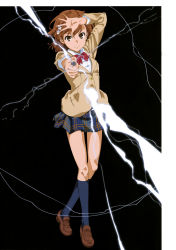 Rule 34 | 1girl, absurdres, aiming, arm up, black background, black socks, blue skirt, blue socks, bow, bowtie, breasts, brown footwear, brown hair, brown jacket, buttons, closed mouth, coin, collared shirt, dress shirt, electricity, electrokinesis, fantasy, female focus, flower, flower hair ornament, flower on head, full body, glowing, hair between eyes, hair flower, hair ornament, hand up, highres, holding, holding coin, incoming attack, jacket, kneehighs, light brown jacket, loafers, long sleeve shirt, long sleeved jacket, long sleeves, looking at viewer, medium hair, miniskirt, misaka mikoto, bowtie, outstretched arm, plaid, plaid skirt, pleated skirt, psychic, railgun, red bow, red bowtie, science fiction, shibukawa daisuke, shirt, shoes, short hair, skirt, small breasts, smile, socks, solo, standing, t-shirt, thigh gap, thighs, toaru kagaku no railgun, toaru majutsu no index, white flower, white shirt, wing collar