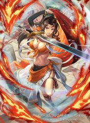 Rule 34 | 1girl, arm over head, breasts, brown hair, character request, commentary request, cross-laced footwear, cuboon, elbow sleeve, fire emblem, fire emblem: genealogy of the holy war, fire emblem cipher, headband, holding, holding sword, holding weapon, large breasts, laylea (fire emblem), navel, nintendo, official art, ponytail, sarong, shirt, skirt, sword, thigh strap, tied shirt, weapon, white skirt