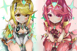 Rule 34 | 2girls, bare legs, bare shoulders, black gloves, blonde hair, breasts, chest jewel, cleavage, cleavage cutout, clothing cutout, dress, earrings, elbow gloves, fingerless gloves, gloves, jewelry, large breasts, long hair, multiple girls, mythra (xenoblade), pyra (xenoblade), red eyes, red hair, red legwear, red shorts, rundymentos, short dress, short hair, short shorts, shorts, sitting, swept bangs, thigh strap, thighhighs, tiara, upturned eyes, very long hair, wariza, white dress, white footwear, white gloves, xenoblade chronicles (series), xenoblade chronicles 2, yellow eyes