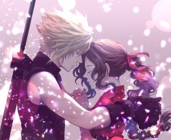 Rule 34 | 1boy, 1girl, aerith gainsborough, aqua eyes, armor, hug, black gloves, blonde hair, braid, braided ponytail, brown hair, buster sword, closed eyes, cloud strife, demi co, dress, final fantasy, final fantasy vii, final fantasy vii remake, gloves, grey background, hair between eyes, hair ribbon, half-closed eyes, highres, jacket, long hair, own hands clasped, own hands together, parted bangs, pink dress, pink ribbon, praying, red jacket, ribbon, short hair, short sleeves, shoulder armor, sidelocks, single bare shoulder, sleeveless, sleeveless turtleneck, spiked hair, square enix, turtleneck, upper body, weapon, weapon on back