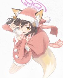 Rule 34 | 1girl, animal ear fluff, animal ears, arm warmers, blue archive, brown hair, christmas, fang, fishnet legwear, fishnets, fox ears, fox shadow puppet, fox tail, halo, hat, highres, holding, holding sack, izuna (blue archive), kidou senshi nama ino, light blush, looking at viewer, medium hair, one eye closed, one side up, orange eyes, red scarf, reindeer hair ornament, sack, santa costume, santa hat, scarf, simple background, skin fang, snowing, solo, striped clothes, striped scarf, tail, white background