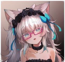 Rule 34 | 1girl, absurdres, animal collar, animal ear fluff, animal ears, bare shoulders, black collar, black hairband, blue eyes, blue ribbon, border, brown background, cat ears, collar, collarbone, commentary request, fang, frilled hairband, frills, glasses, gradient background, hair over eyes, hair ribbon, hairband, head tilt, highres, indie virtual youtuber, kana616, long hair, looking at viewer, messy hair, open mouth, pink-framed eyewear, raised eyebrows, ribbon, skin fang, slit pupils, solo, virtual youtuber, white border, white hair, yumi koburako