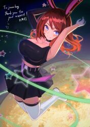 Rule 34 | 1girl, absurdres, animal ears, asymmetrical gloves, black choker, black gloves, black skirt, blue eyes, boots, breasts, choker, commission, full moon, gloves, hakusyokuto, highres, jumping, knee boots, large breasts, long hair, looking at viewer, moon, original, pleated skirt, rabbit ears, rabbit pose, red hair, skeb commission, skirt, star (sky), star (symbol), white footwear, white gloves