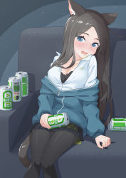 Rule 34 | 1girl, @ @, absurdres, aina (mao lian), alcohol, animal ear fluff, animal ears, beer, beer can, black bra, black skirt, blue eyes, blue jacket, blush, bra, bra peek, breasts, brown hair, can, cat ears, cat tail, cleavage, collared shirt, couch, drink can, drooling, drunk, grey pantyhose, highres, jacket, long hair, long sleeves, looking at viewer, mao lian (nekokao), medium breasts, miniskirt, on couch, original, pantyhose, pleated skirt, shirt, sitting, skirt, smile, solo, spilling, tail, translation request, underwear, white shirt, wing collar